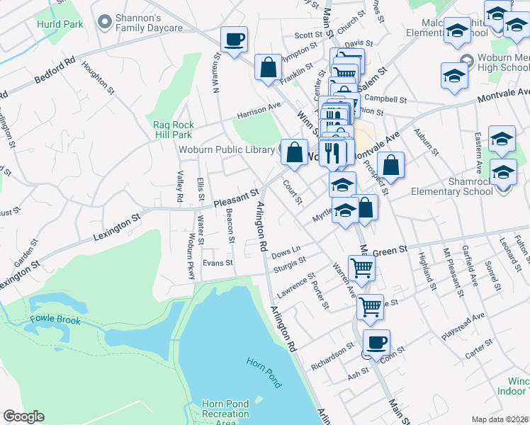 map of restaurants, bars, coffee shops, grocery stores, and more near 10 Arlington Road in Woburn