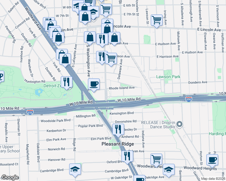 map of restaurants, bars, coffee shops, grocery stores, and more near 1503 South Main Street in Royal Oak
