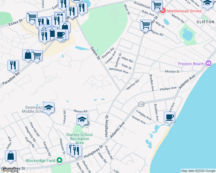 map of restaurants, bars, coffee shops, grocery stores, and more near 14 Salem Street in Swampscott