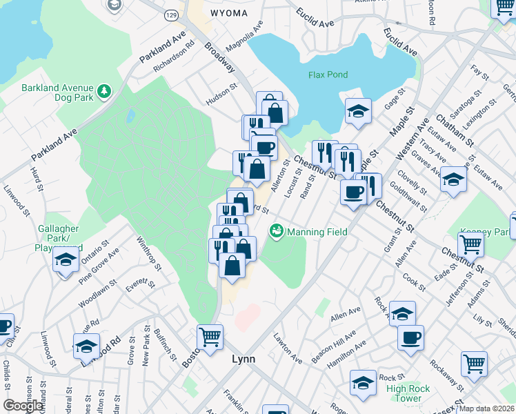 map of restaurants, bars, coffee shops, grocery stores, and more near 107 Ford Street in Lynn
