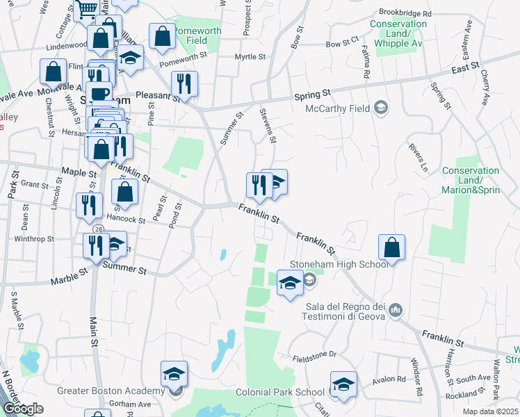 map of restaurants, bars, coffee shops, grocery stores, and more near 128 Franklin Street in Stoneham