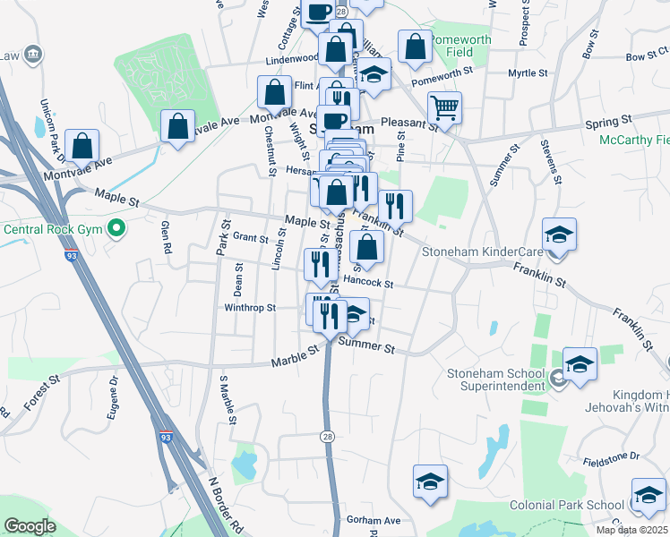 map of restaurants, bars, coffee shops, grocery stores, and more near Main Street in Stoneham