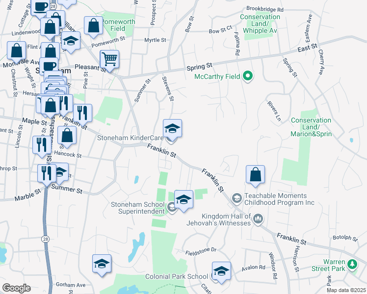 map of restaurants, bars, coffee shops, grocery stores, and more near 140 Franklin Street in Stoneham