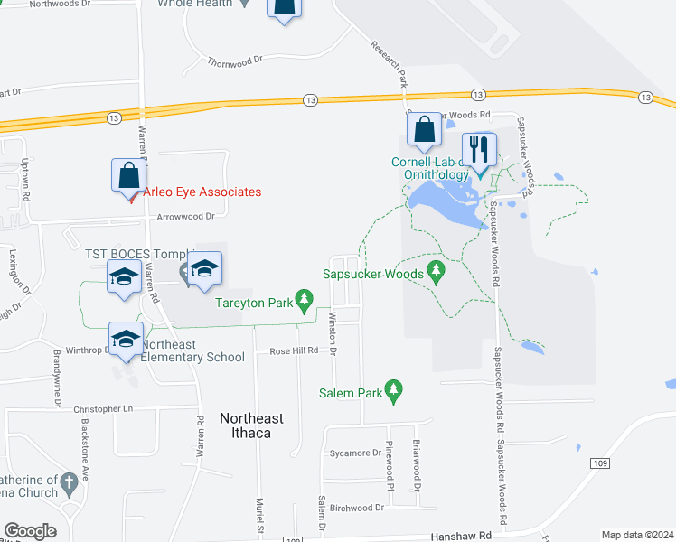 map of restaurants, bars, coffee shops, grocery stores, and more near 609 Winston Court in Ithaca
