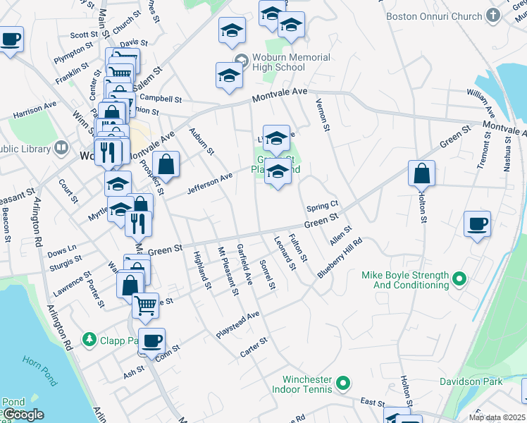 map of restaurants, bars, coffee shops, grocery stores, and more near 76A Eastern Avenue in Woburn