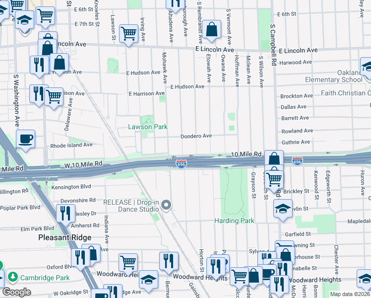 map of restaurants, bars, coffee shops, grocery stores, and more near 1515 Wyandotte Avenue in Royal Oak