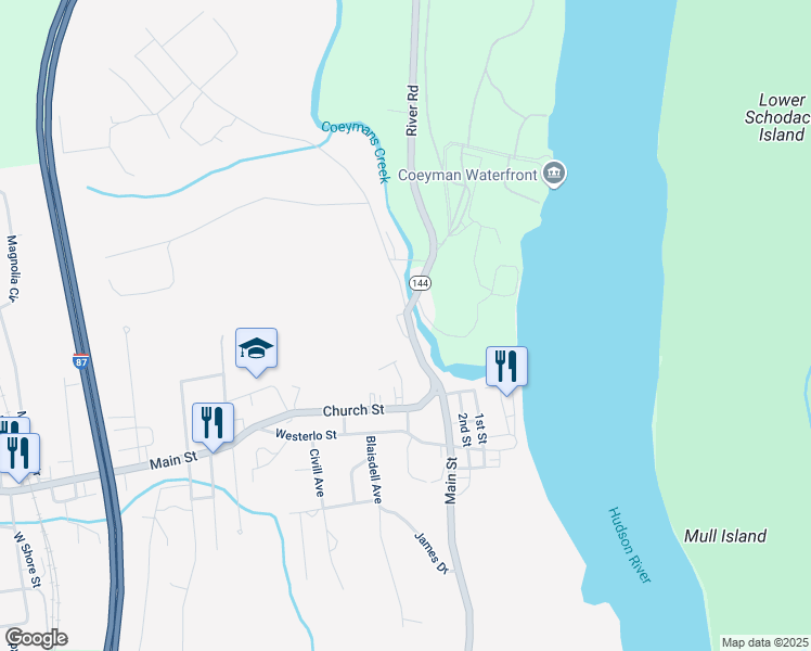 map of restaurants, bars, coffee shops, grocery stores, and more near 133 Main Street in Coeymans