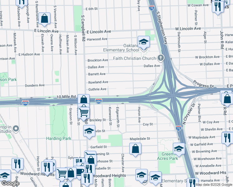 map of restaurants, bars, coffee shops, grocery stores, and more near 2026 Guthrie Avenue in Royal Oak