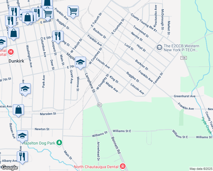 map of restaurants, bars, coffee shops, grocery stores, and more near 223 Maple Avenue in Dunkirk