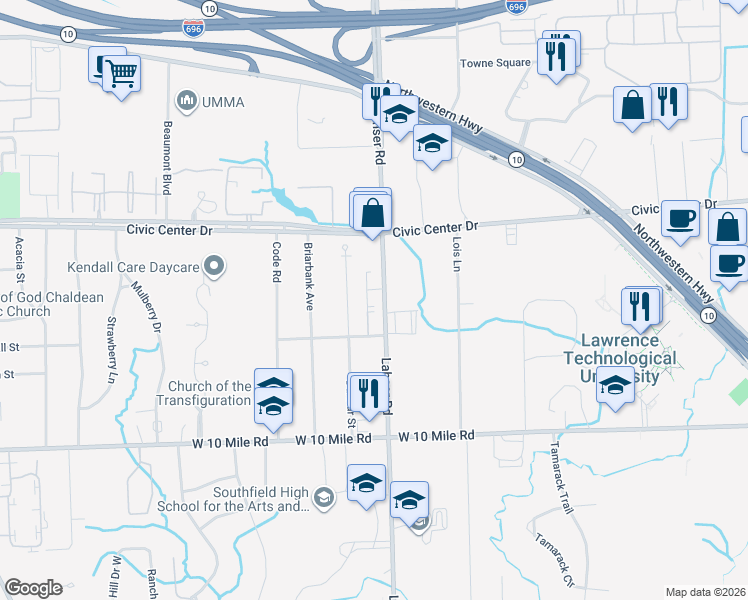 map of restaurants, bars, coffee shops, grocery stores, and more near 25670 Dunbar Street in Southfield