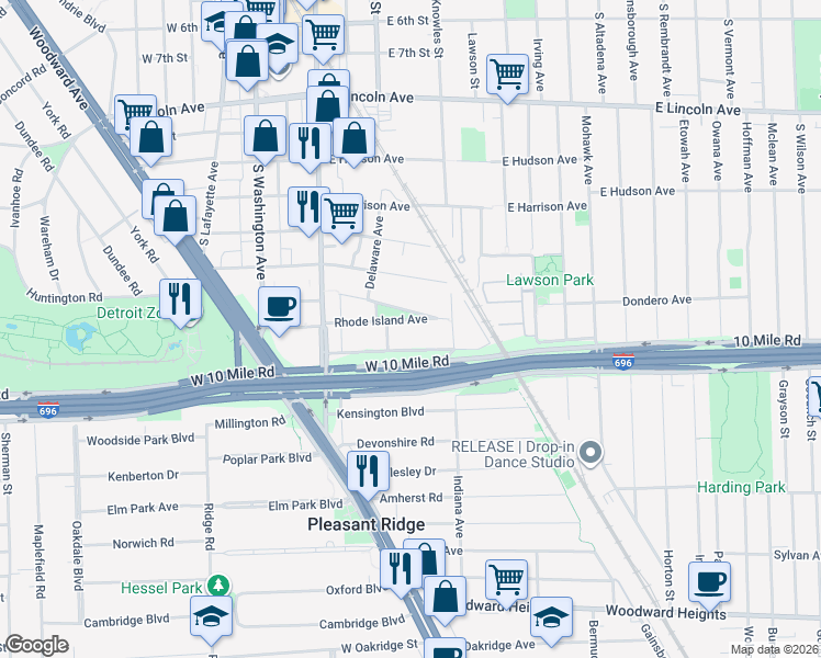 map of restaurants, bars, coffee shops, grocery stores, and more near in Royal Oak