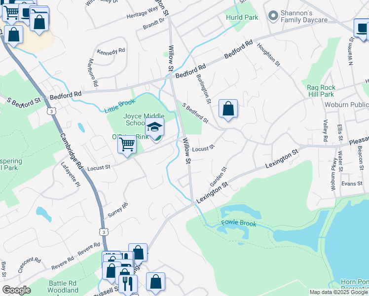 map of restaurants, bars, coffee shops, grocery stores, and more near 34 Willow Street in Woburn