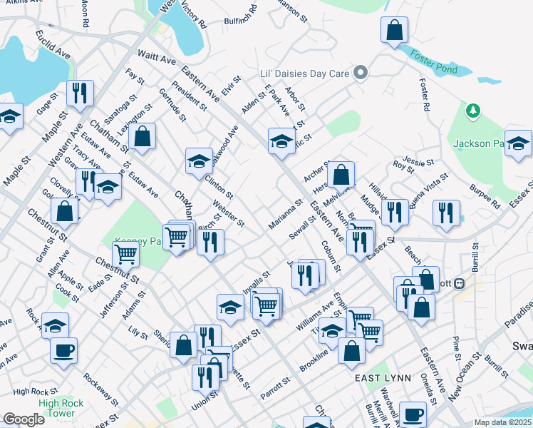 map of restaurants, bars, coffee shops, grocery stores, and more near 137 Jackson Street in Lynn
