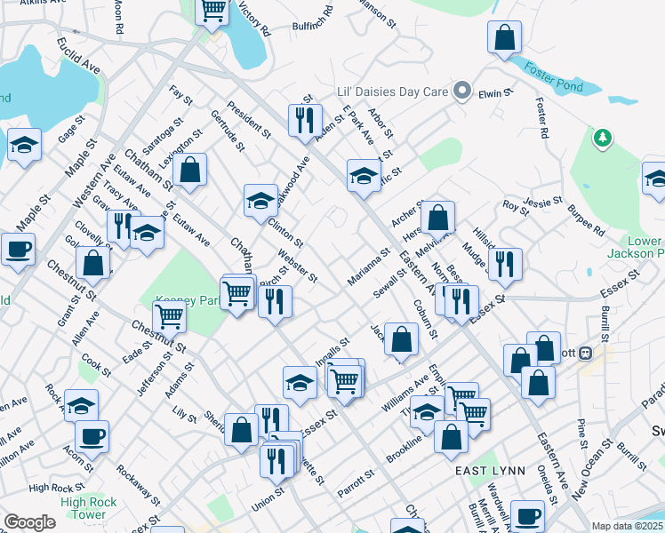 map of restaurants, bars, coffee shops, grocery stores, and more near 137 Jackson Street in Lynn