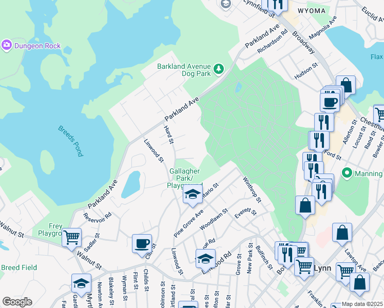 map of restaurants, bars, coffee shops, grocery stores, and more near 25 Stangus Road in Lynn