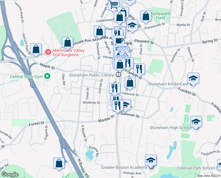 map of restaurants, bars, coffee shops, grocery stores, and more near 19 Warren Street in Stoneham
