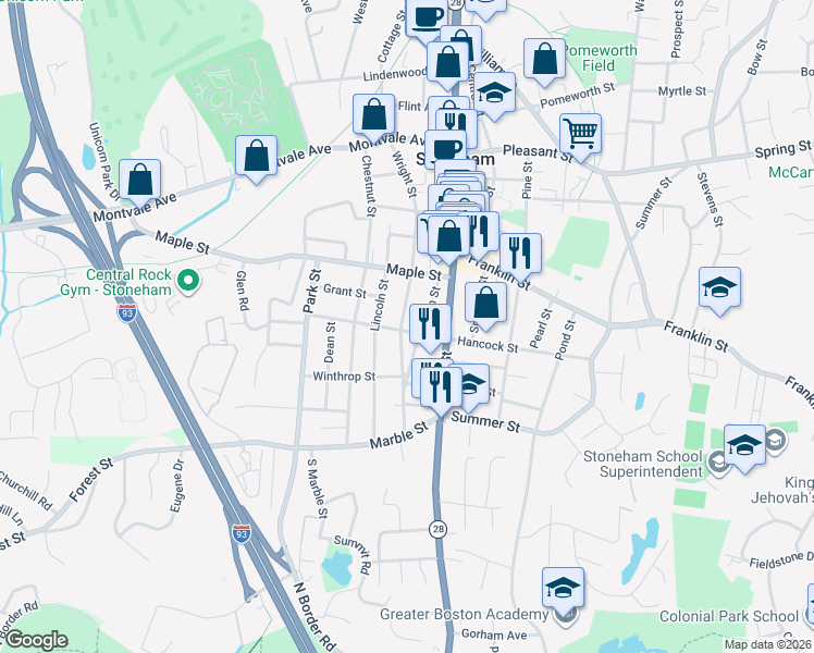 map of restaurants, bars, coffee shops, grocery stores, and more near 19 Warren Street in Stoneham
