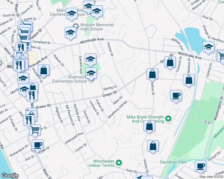 map of restaurants, bars, coffee shops, grocery stores, and more near 16 Spring Court in Woburn