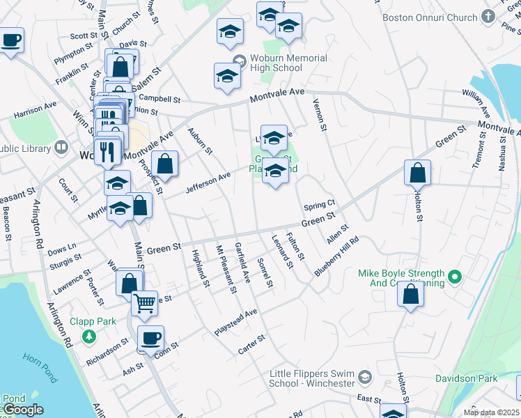 map of restaurants, bars, coffee shops, grocery stores, and more near 76A Eastern Avenue in Woburn