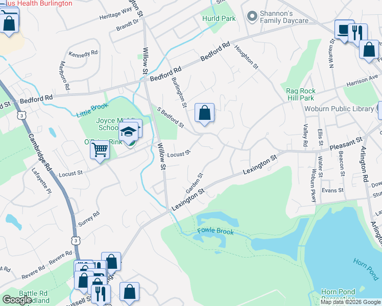 map of restaurants, bars, coffee shops, grocery stores, and more near 12 Locust Street in Woburn