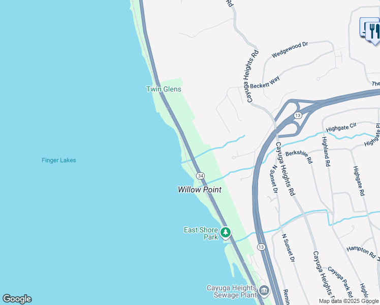 map of restaurants, bars, coffee shops, grocery stores, and more near 1113 East Shore Drive in Ithaca