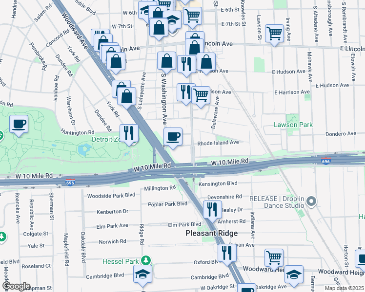 map of restaurants, bars, coffee shops, grocery stores, and more near 148 Tiffany Lane in Royal Oak