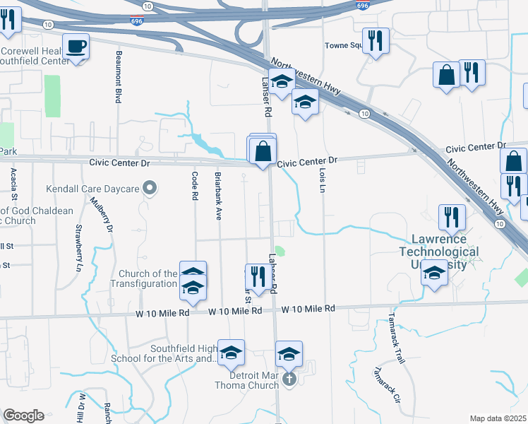map of restaurants, bars, coffee shops, grocery stores, and more near 25670 Dunbar Street in Southfield