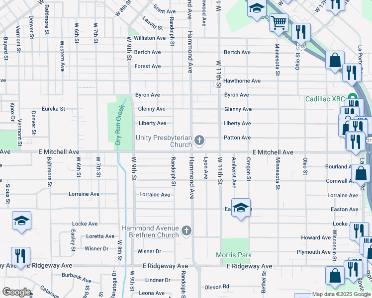 map of restaurants, bars, coffee shops, grocery stores, and more near 1210 East Mitchell Avenue in Waterloo