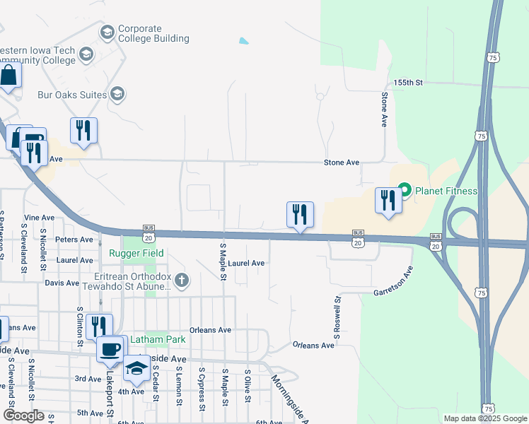 map of restaurants, bars, coffee shops, grocery stores, and more near 5501 Gordon Drive in Sioux City