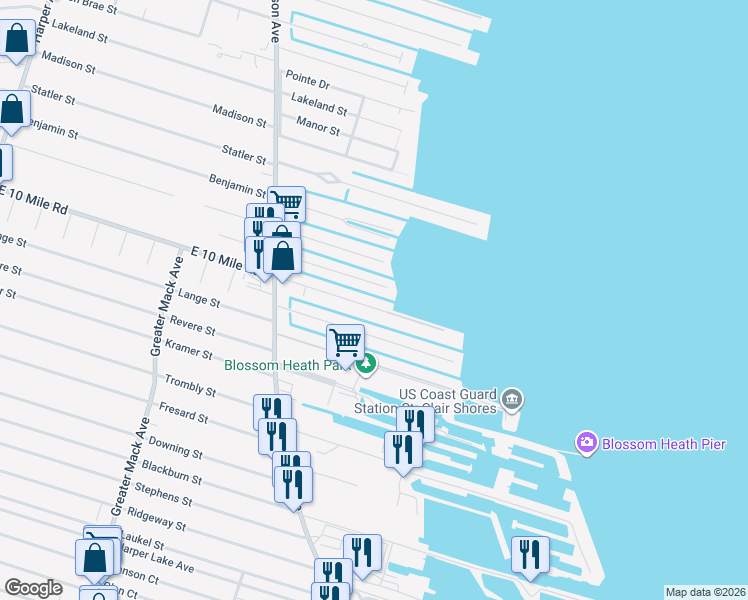 map of restaurants, bars, coffee shops, grocery stores, and more near 22493 East 10 Mile Road in St. Clair Shores