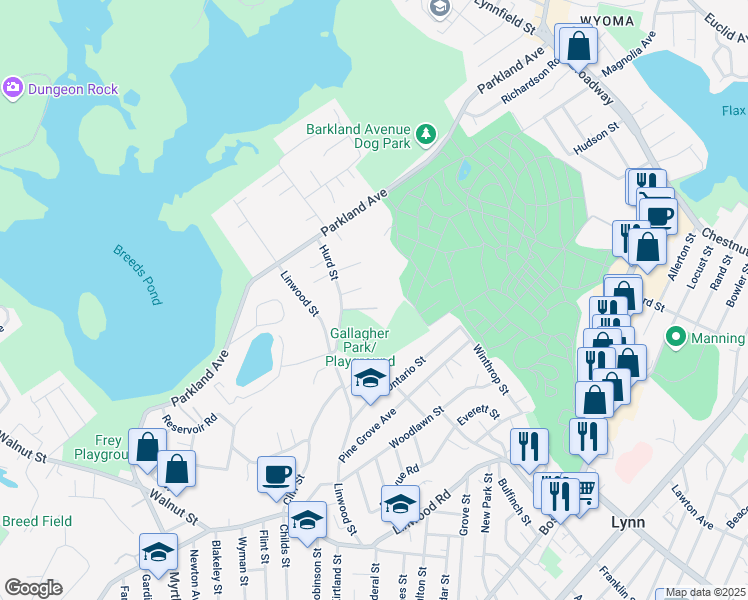 map of restaurants, bars, coffee shops, grocery stores, and more near 25 Stangus Road in Lynn