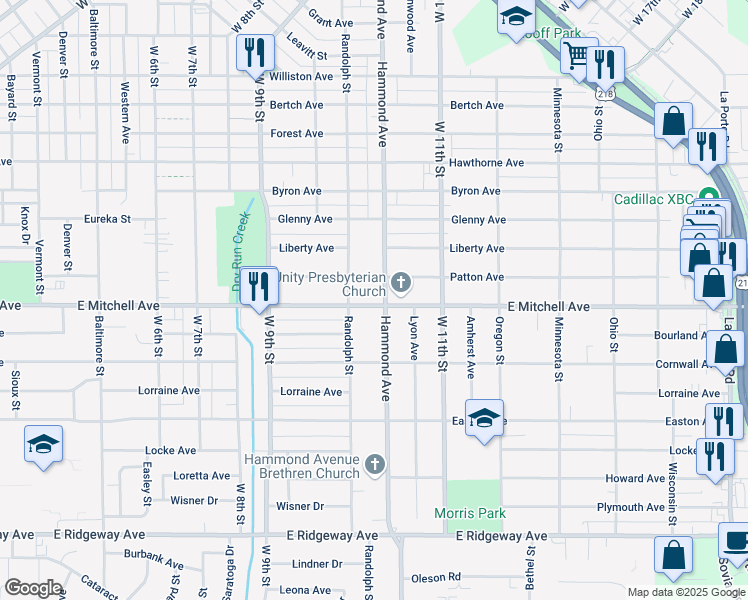 map of restaurants, bars, coffee shops, grocery stores, and more near 1210 East Mitchell Avenue in Waterloo