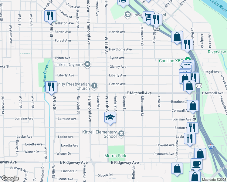 map of restaurants, bars, coffee shops, grocery stores, and more near 1521 East Mitchell Avenue in Waterloo