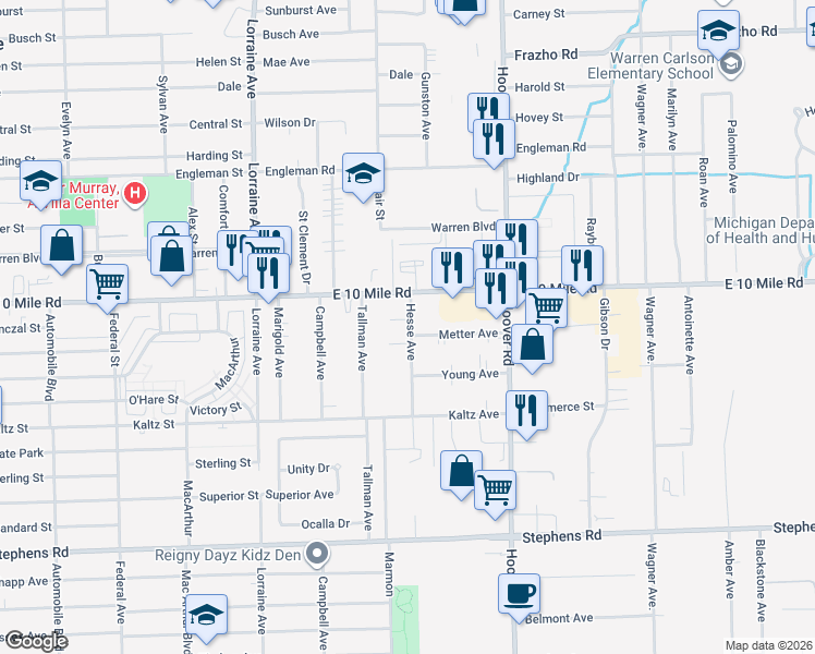 map of restaurants, bars, coffee shops, grocery stores, and more near 11362 Konczal Avenue in Warren