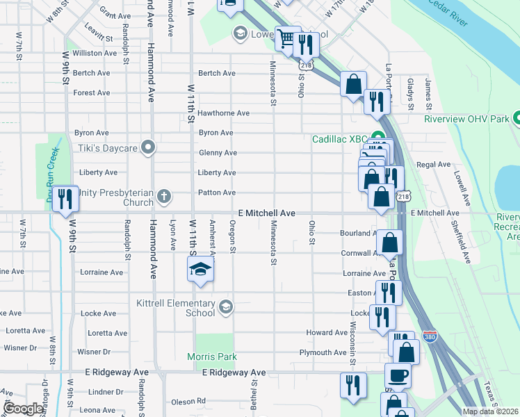 map of restaurants, bars, coffee shops, grocery stores, and more near 1643 East Mitchell Avenue in Waterloo