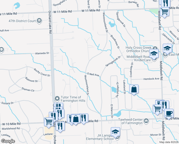 map of restaurants, bars, coffee shops, grocery stores, and more near 30646 O Neil Avenue in Farmington Hills
