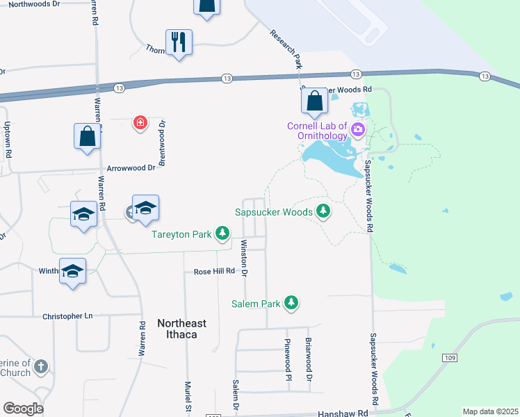 map of restaurants, bars, coffee shops, grocery stores, and more near 610 Winston Court in Ithaca