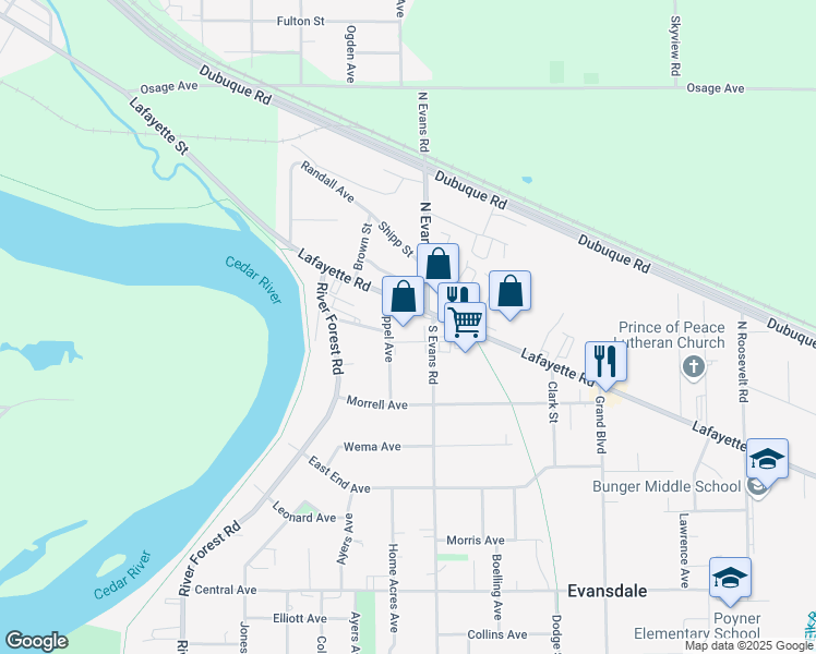 map of restaurants, bars, coffee shops, grocery stores, and more near 3560 Lafayette Road in Evansdale