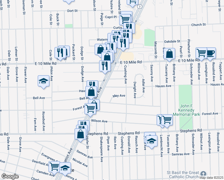 map of restaurants, bars, coffee shops, grocery stores, and more near 16840 Hauss Ave in Eastpointe