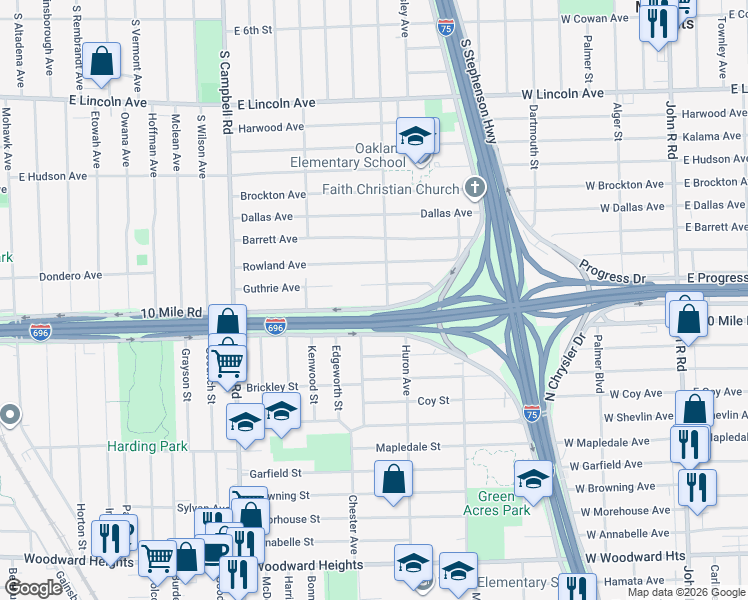 map of restaurants, bars, coffee shops, grocery stores, and more near 2204 Guthrie Avenue in Royal Oak