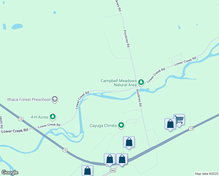 map of restaurants, bars, coffee shops, grocery stores, and more near 310 Lower Creek Rd in Ithaca