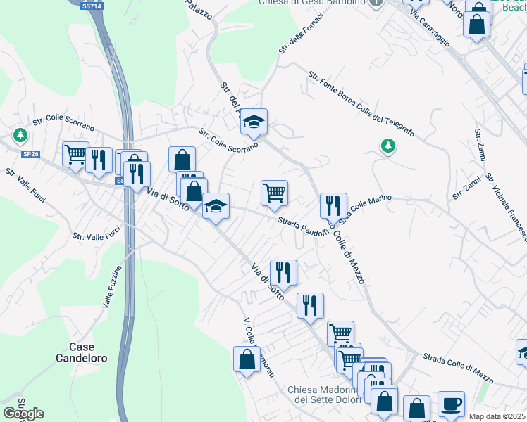 map of restaurants, bars, coffee shops, grocery stores, and more near 46 Strada Pandolfi in Pescara