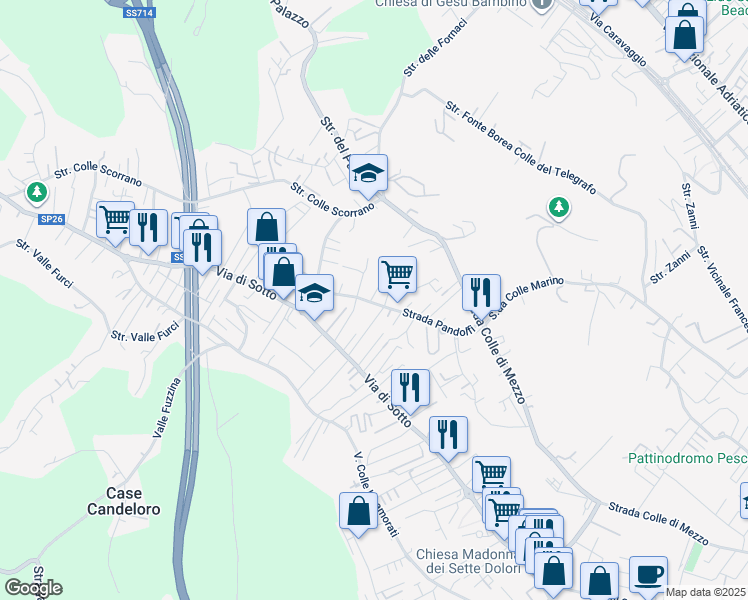 map of restaurants, bars, coffee shops, grocery stores, and more near 46 Strada Pandolfi in Pescara