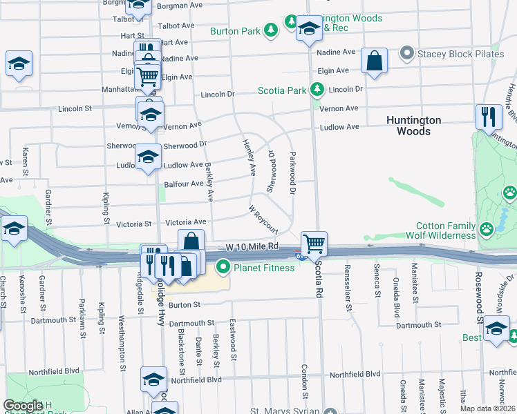 map of restaurants, bars, coffee shops, grocery stores, and more near 25214 West Roycourt in Huntington Woods