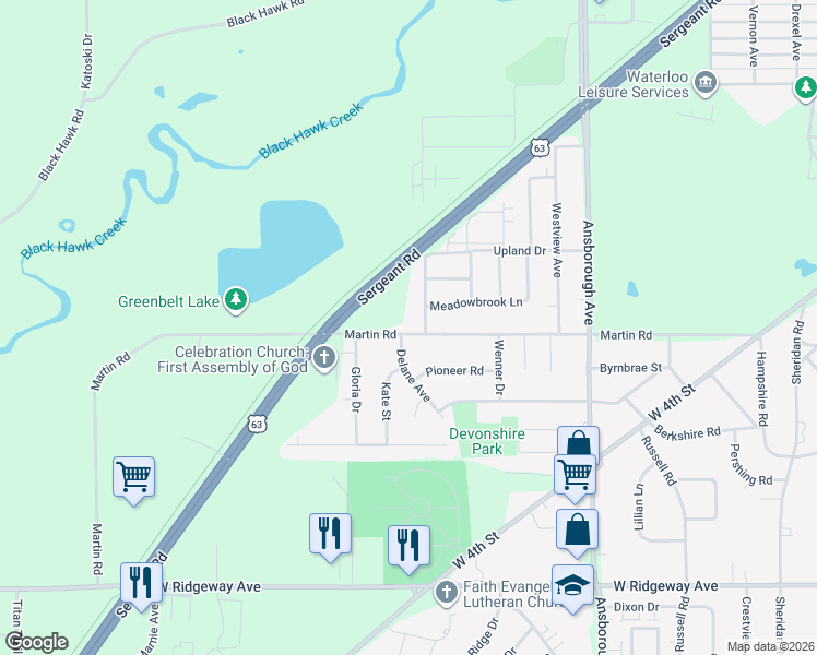 map of restaurants, bars, coffee shops, grocery stores, and more near 600 Martin Road in Waterloo