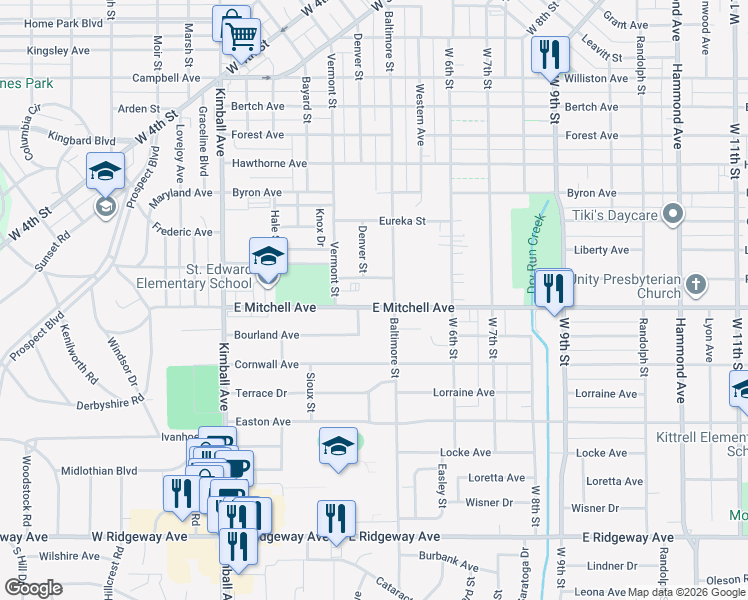 map of restaurants, bars, coffee shops, grocery stores, and more near 515 East Mitchell Avenue in Waterloo