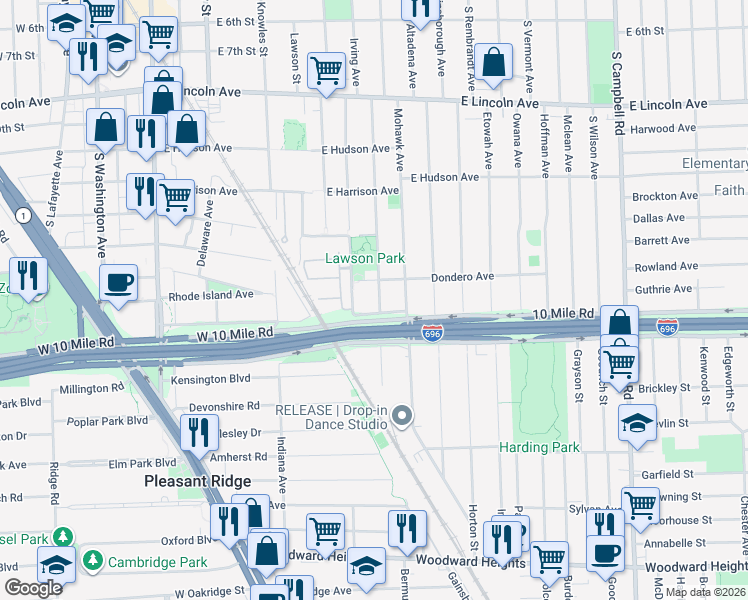 map of restaurants, bars, coffee shops, grocery stores, and more near 1518 Longfellow Avenue in Royal Oak