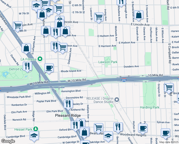 map of restaurants, bars, coffee shops, grocery stores, and more near 1534 Maryland Club Drive in Royal Oak
