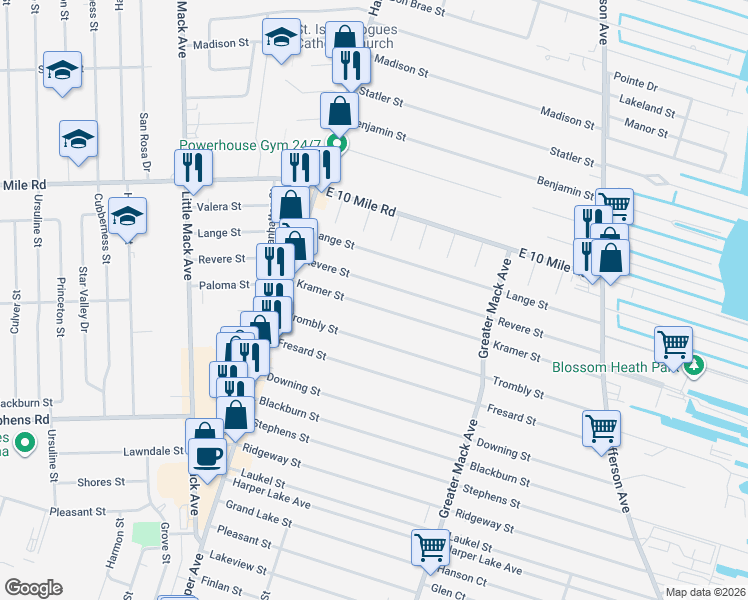 map of restaurants, bars, coffee shops, grocery stores, and more near 21731 Kramer St in St Clair Shores