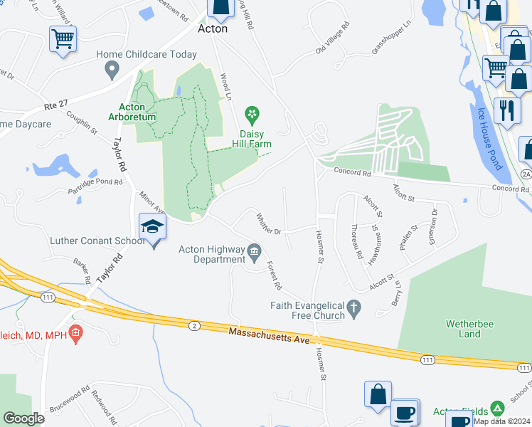 map of restaurants, bars, coffee shops, grocery stores, and more near 11 Whittier Drive in Acton
